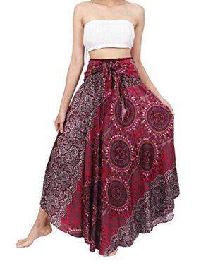 Rayon Bohemian Maxi Skirt Elastic Waist with Ties Festival Beach